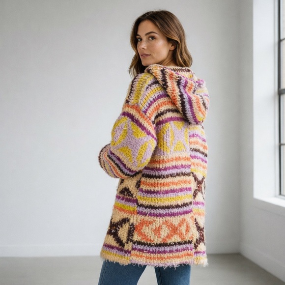 Free People Peggy Cardigan Sunshine Orchid Combo Hooded Boho Sweater S - Picture 5 of 11